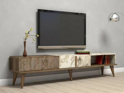 Immagine prodotto di Dmora Mobile Porta tv Jakuchu 35x180x40h cm Bianco, Apertura a Ribalta 3 Vani