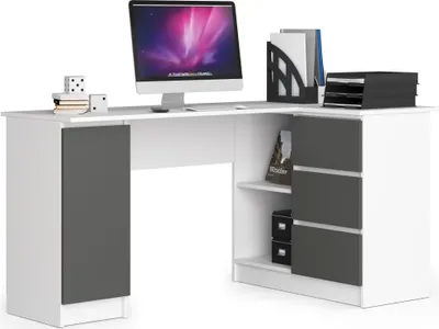 Immagine prodotto di Akord Scrivania Angolare Con 3 Cassetti E 1 Anta Bianco/Grigio Grafite 155X85X77 Cm