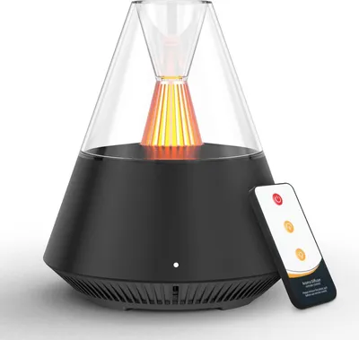 A black aroma diffuser with a clear top and an orange and yellow light inside, shown with a remote control.