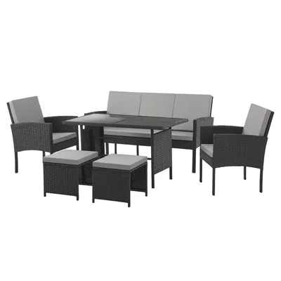 A set of outdoor furniture including a sofa, chairs, a table, and stools, arranged on a white background.