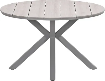A round outdoor table with a slatted top and a cross-shaped base.