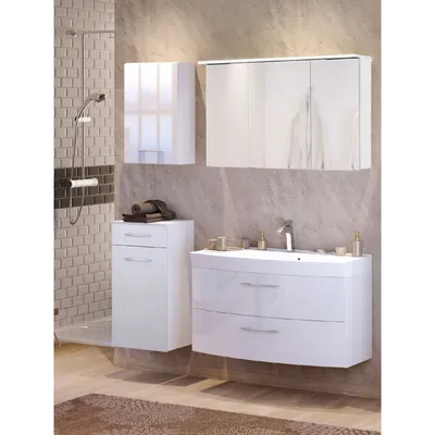 Produktbild von Badmöbel Set FLORIDO-03 Hochglanz weiß, Waschtisch mit Auzügen oder 2 Türen, B x H x T: ca. 155 x 200 x 47 cm Waschtisch mit 2 Auszügen
