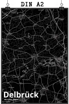 Produktbild von Mr. & Mrs. Panda Bild Delbrück DIN A2 - Geschenk, Deko, Stadt, drucke, Wandbild, Wanddekoration, Dorf Karte Landkarte Map Stadtplan, wanddeko