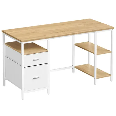 Produktbild von VASAGLE Schreibtisch mit 3 Ablagen, Bürotisch mit 2 Schubladen, 140 x 60 x 76 cm, moderner Stil, eichenfarben-weiß, KI-generiertes Bild