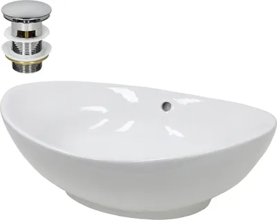Produktbild von LuxeBath Waschbecken Aufsatzwaschbecken Oval, 59x39x20 cm, Weiß, aus Keramik, inkl. Ablaufgarnitur mit Überlauf