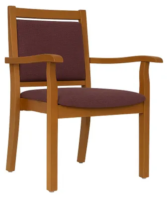 Productafbeelding van Verzorgingsstoel André met armleuningen, rustieke stijl – ideaal voor senioren in een verpleeghuis of thuis. Bekleding: stof Kariba, kleur bordeauxrood. Bodemglijders: wit kunststof