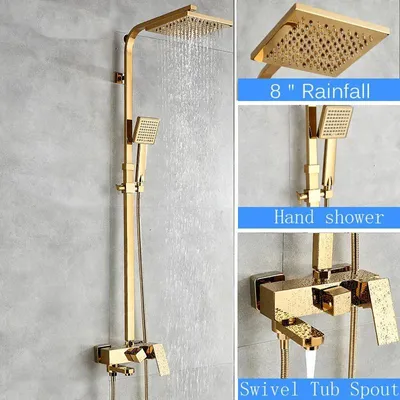 Obrázek produktu pro sprchový systém – nástěnná sprchová sada – sprchová hlavice o průměru 20 cm – mosazná jednopáková baterie – ruční sprcha a výstup pro vanu – zlatá barva