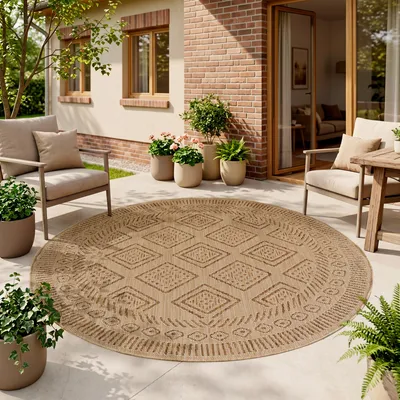 Immagine prodotto di Homebyhome Tappeto Outdoor Beige Effetto Juta Rotondo 160 cm Balcone Terrazza Giardino Resistente UV Grande Rombi Tessuto piatto