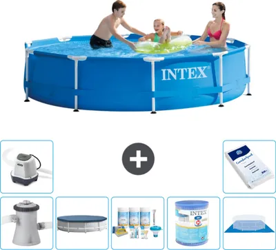 Produktbild von Intex Rundrahmen-Schwimmbecken – 305 x 76 cm – Blau – inklusive Pumpe Abdeckung - Wartungspaket - Filter - Bodenplane - Salzwassersystem - Poolsalz