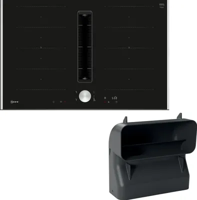 A black induction hob with an integrated extractor and a separate black duct connector.