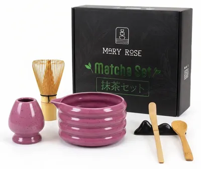 Produktbild von Mary Rose - Matcha Tee Set Beri - Keramik Matchawan Schale 500ml Lila Mit Ausguss - Bambus Chasen Besen, Chashaku Löffel, Halter - Geschenkbox