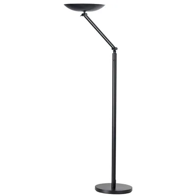 A black floor lamp with an adjustable arm and shade is shown against a white background.