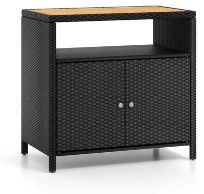 Immagine prodotto di Armadietto da giardino in rattan, mobiletto per esterni, contenitore per giardino - Nero - 90x53x86 cm - Piano di lavoro in legno di acacia