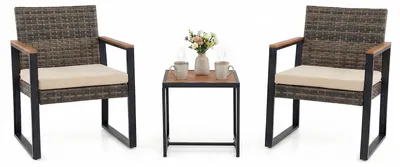 Immagine prodotto di Set di mobili da giardino in polyrattan COSTWAY, set da balcone 3 pezzi con 2 sedie, tavolo e cuscini, set da balcone per 2 persone, salottino da esterno beige