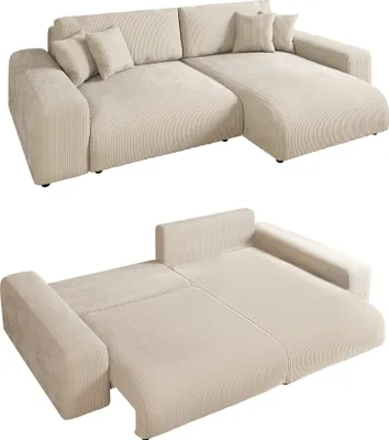 Produktbild von Ecksofa Schlaffunktion ausziehbar Bettkasten Polsterecke L-Couch in Cord Beige / 21001