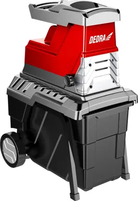 A red and silver garden shredder with a black collection bin and wheels, shown from a three-quarter front angle against a white background.
