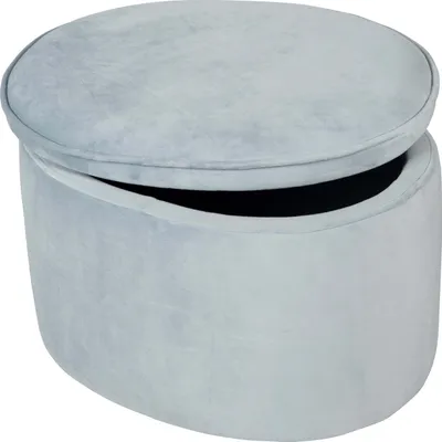An oval ottoman with its lid partially open, revealing the storage space inside.