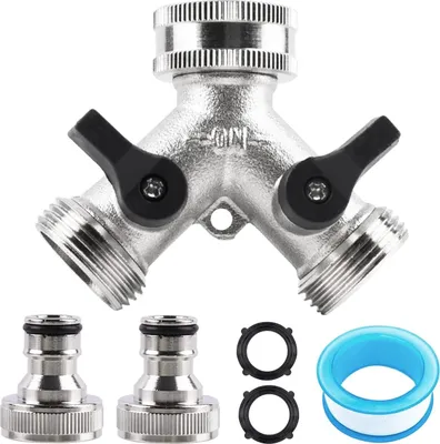 Produktbild von 2-Wege Verteiler 3/4 Zoll Y-Verteiler für Wasserhähne 2-Wege Verteiler mit 2 3/4 Zoll Gartenschlauch Wasserhahnanschluss, inkl. Unterlegscheibe Rohstreifen (Silber)