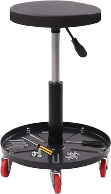 Image de Tabouret d'atelier - Tabouret à roulettes avec porte-outils - Réglable en hauteur - Jusqu'à 136 kg - Assise rembourrée - Structure métallique - Noir