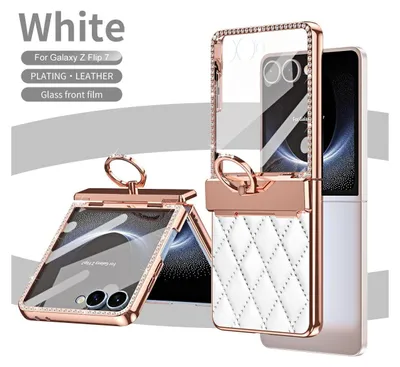Obrázek produktu pro Pouzdro pro Samsung Galaxy Z Flip7 s držákem prstenu,  třpytivým designem a ochranou pantu Bílý