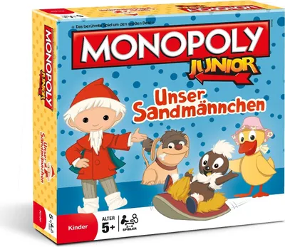 The image shows the front and side of a Monopoly Junior board game box featuring characters from 'Unser Sandmännchen'.