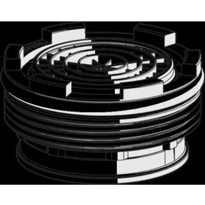 A 3D rendering of a circular object with a spiral design and rectangular protrusions on top.