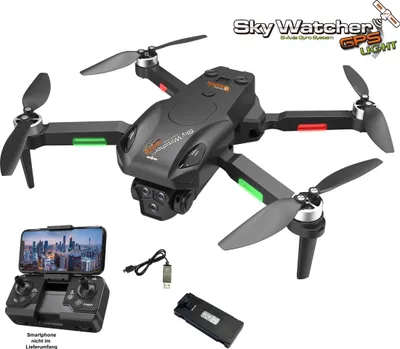 A drone and its accessories are displayed on a white background.