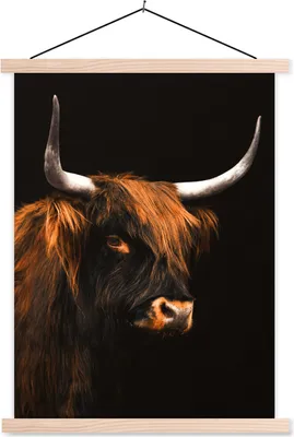 Produktbild von MuchoWow® Textilposter Schottisches Hochlandrind - Kuh - Schwarz 60x80 cm mit holzfarbenen Rahmen - Wandbild