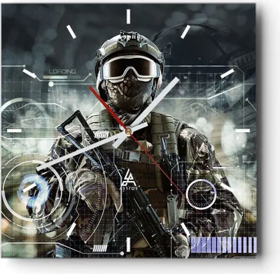 Produktbild von Wanduhr - Quadrat - Glasuhr - Soldat Gewehr - 40x40cm - Schleichendes Uhrwerk - Lautlos - zum Aufhängen bereit - Dekoration Modern - Wanddekoration aus Glas - C3AC40x40-4071