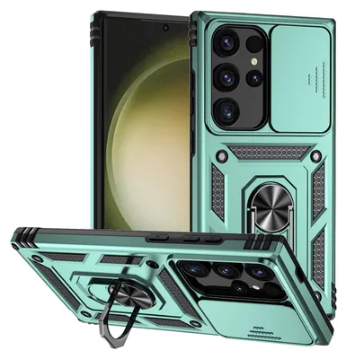 Image de Étui pour Samsung Galaxy S24 Ultra étui double couche avec couvercle coulissant pour l'appareil photo et anneau de support vert