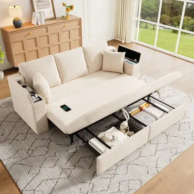 Produktbild von okwish Multifunktionales Wohnzimmersofa Schlafsofa mit Schlaffunktion Klappsofa mit USB‑Ladeanschluss und Stauraum Loungesofa mit Armlehnen‑Ablage und ausziehbarem Metallrahmen Beige