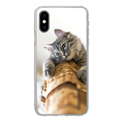Produktbild von MuchoWow® Handyhülle Schutzhülle Hülle für iPhone X Katze - Kratzbaum - Grau Silikon Softcase Handy Hülle - Handyhülle