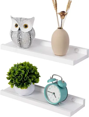 Image de Étagère murale blanche, lot de 2, 40 cm, étagère pour photos, bois massif, petite étagère murale, étagère murale pour cadres et décorations pour la chambre, la cuisine et le bureau