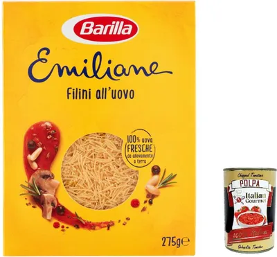 Produktbild von 5x Barilla Pasta all' Uovo Le Emiliane Filini, Eiernudeln, Pasta mit Ei 275g + Italian Gourmet polpa 400g