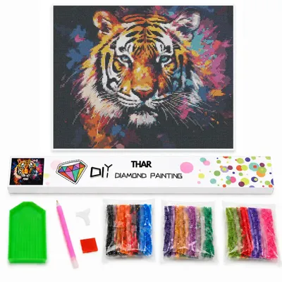 Imagen del producto de Kit completo para pintura con diamantes THAR, diseño de tigre colorido, 40 x 50 cm