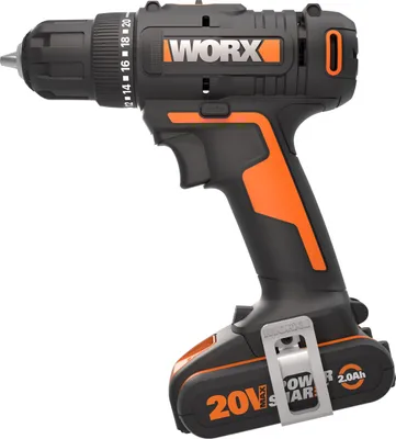 A black and orange Worx cordless drill is shown against a white background.