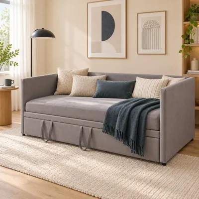 Image de Canapé-lit INONEFT, 90/180 x 200 cm, convertible en lit, canapé-lit de jour, lit double, canapé-lit rembourré avec sommier à lattes, gris, tissu velours