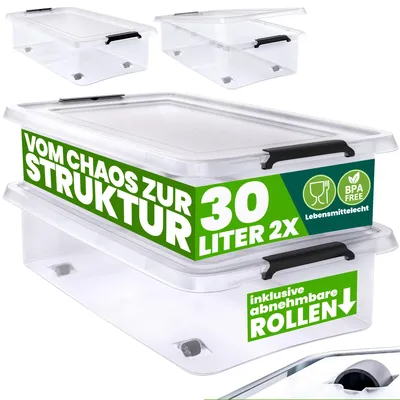 Produktbild von DEUBA® Aufbewahrungsboxen 2 x 30l mit Deckel und Rollen, stapelbar, transparent Kunststoff BPA-frei Klickverschluss, RB60 für Büro, Garage, Waschraum