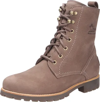 A single brown lace-up boot is shown against a white background.