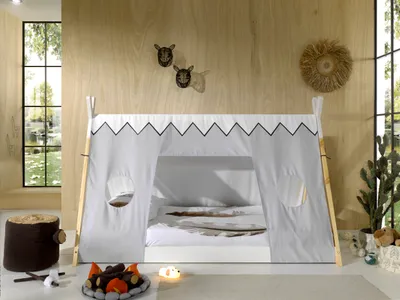 Produktbild von Vipack - Tipi Zelt Bett Liegefläche 90 x 200 cm, inkl. Rolllattenrost und Textilzeltdach, Ausf. Kiefer massiv natur/weiß