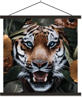 Produktbild von MuchoWow® Textilposter Tiger - Blatt - Tiere 120x120 cm mit schwarzem Rahmen - Aufhängungsset