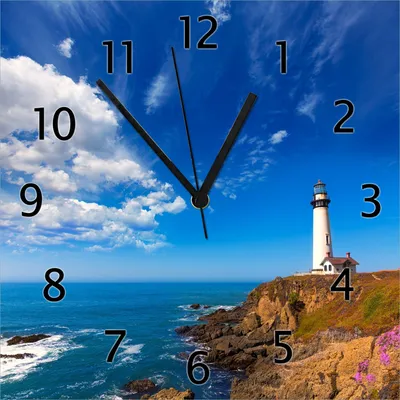 Produktbild von Wallario Design Wanduhr Leuchtturm auf einem Felsvorsprung - Blauer Himmel aus Echtglas, Größe 30 x 30 cm