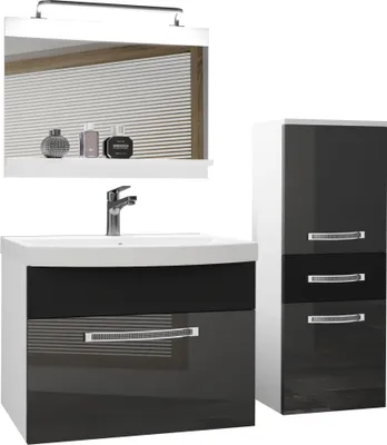 Produktbild von BELINI Badmöbel Vollausstattung Set Waschbeckenschrank, kleiner Schrank, Waschbecken, Spiegel, Lampe (Silber/ Schwarz, Glänzend und Matt)