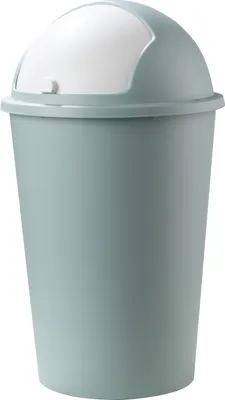 A studio shot of a pastel green trash can with a white lid.