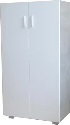 A white cabinet with two doors and two handles, standing on four short legs.