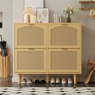 Produktbild von Sweiko Schuhschrank mit 4 Klappschubladen, Schuhkommode aus Rattan mit Metallgriffen, Schuhregal für Flur, Schlafzimmer, Wohnung,Holzmöbel, Landhausstil, Maße: 100 x 25 x 90 cm