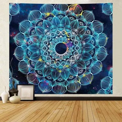 Produktbild von Unyqoos® Mandala-Wandteppich aus Baumwolle – Boho Wandbehang mit Lotus‑Mandala, HD‑Druck, blau, ca. 150 x 220 cm, Dekoration & Yogadeko