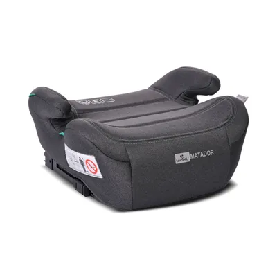 A dark gray car seat booster for children, shown from a side angle on a white background.