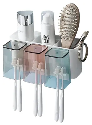 Produktbild von Zahnbürstenhalter Wand mit 3 Zahnputzbechern Kunststoff Selbstklebend Ohne Bohren für Badezimmer