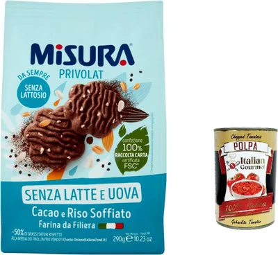 Produktbild von 12x Misura Privolat Kekse mit Kakao und Puffreis | Ohne Milch und Eier | Buscuits cookies Packung mit 290g + Italian gourmet polpa 400g